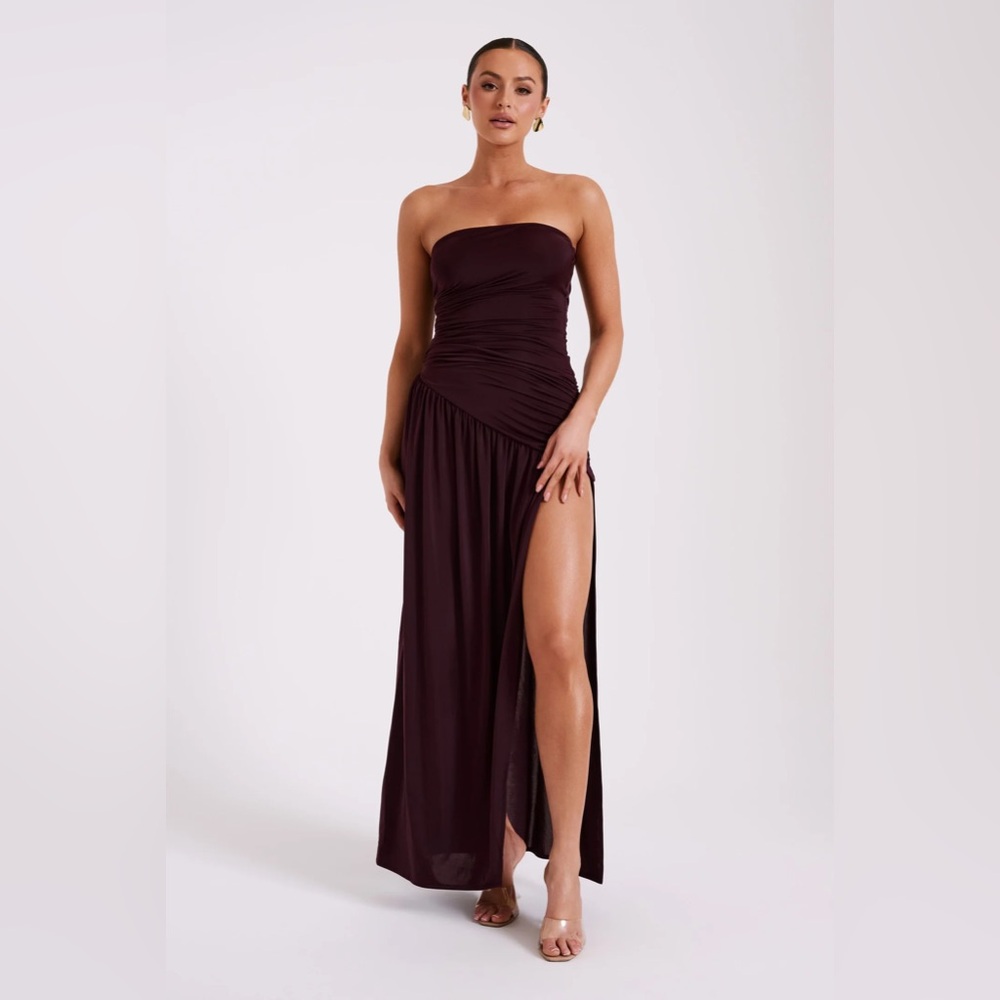 Meshki Bex Strapless Maxi Dress with High Slit - burgundy